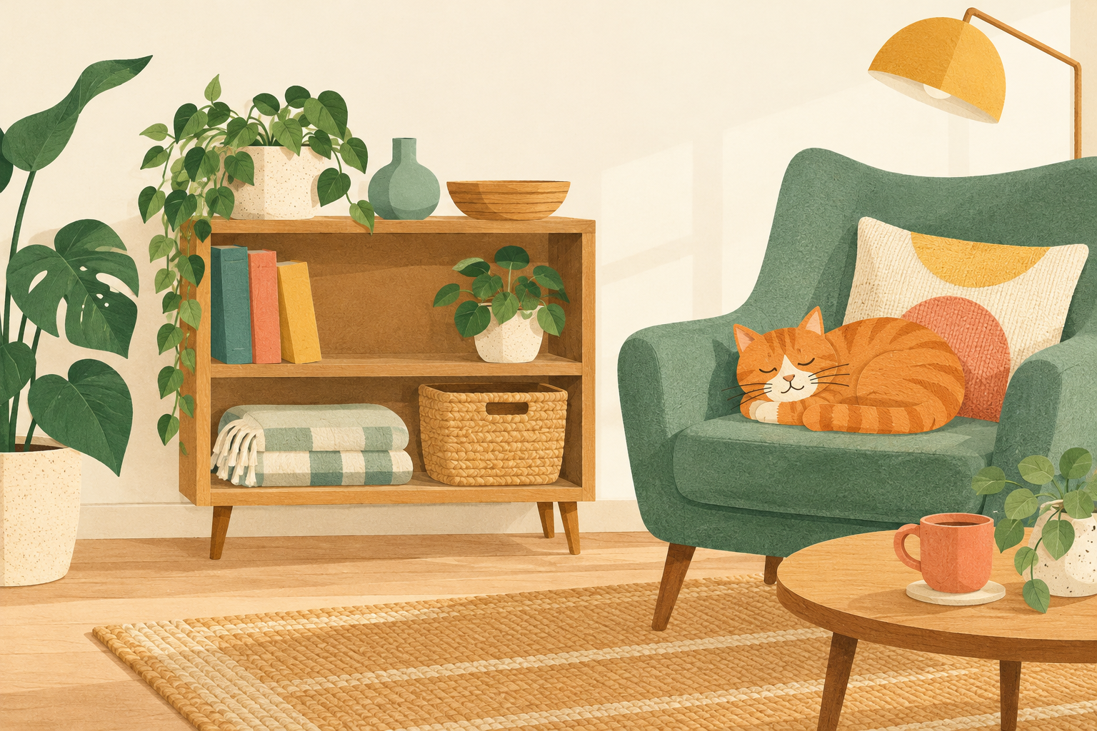 Cheerful illustrated living room with a tidy shelf, basket, plant and orange cat